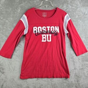 Vintage Boston University Shirt Womens Large Red White 3/4 Sleeves Made In USA